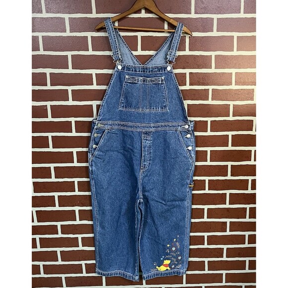 Vintage 90s Disney Winnie The Pooh Women XL Print Cropped Wide Leg Bib Overalls - Picture 1 of 6